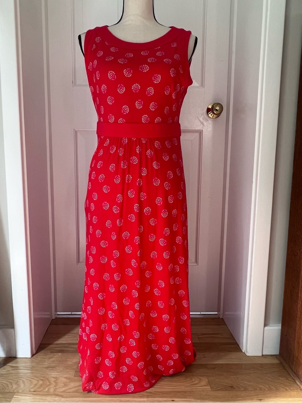 Lands End Red Sleeveless Maxi Dress, Floral Pattern, Empire Waist, Sz S - Picture 1 of 10